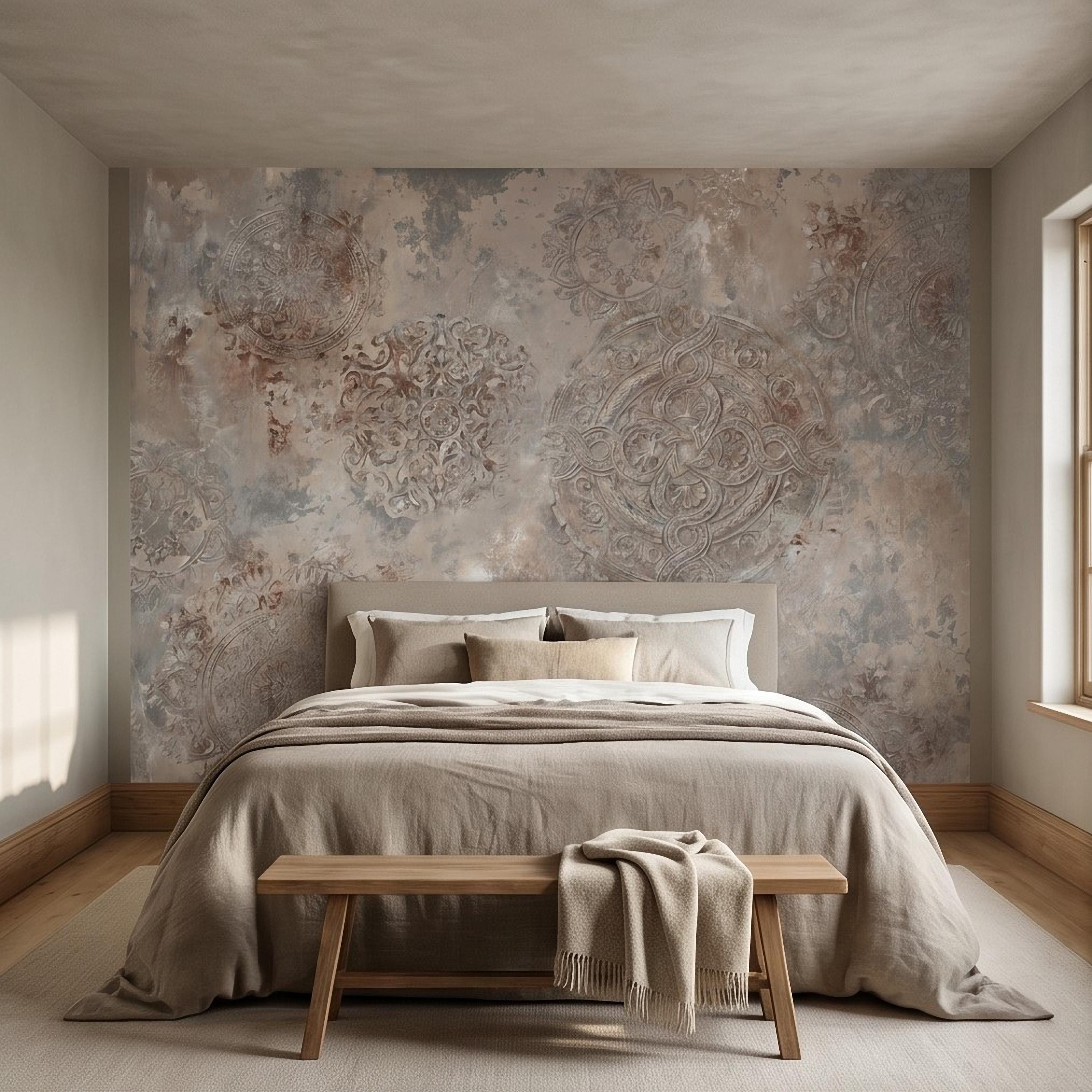 Vintage Medallion Peel and Stick Wall Mural, Neutral Ornamental Plaster Texture, Distressed Boho Baroque Pattern Wallpaper