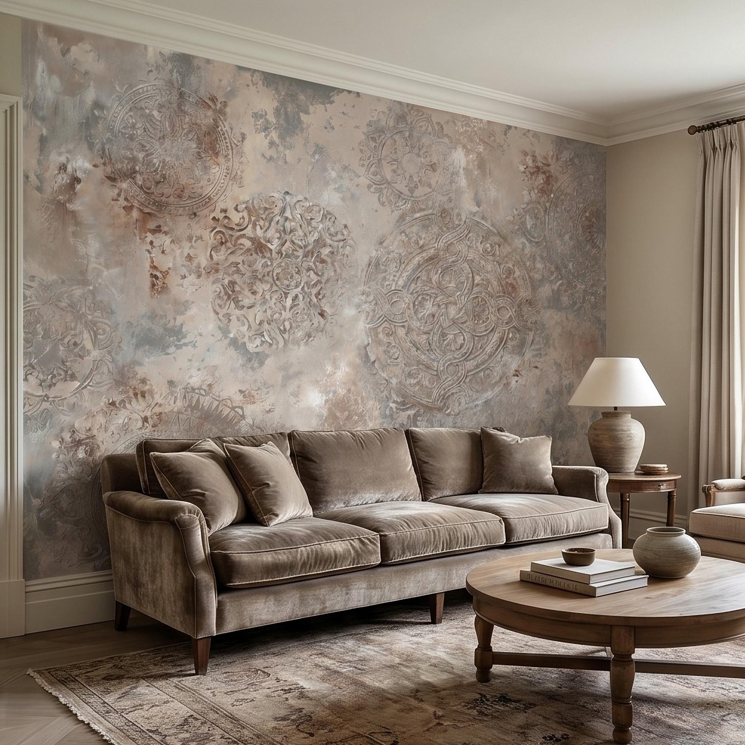 Vintage Medallion Peel and Stick Wall Mural, Neutral Ornamental Plaster Texture, Distressed Boho Baroque Pattern Wallpaper