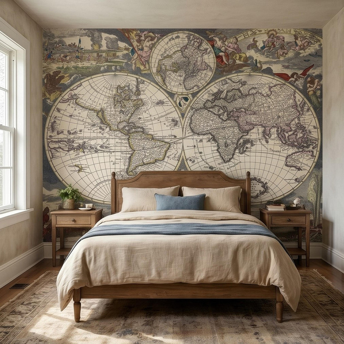 Antique world map wall mural showing two large continents and decorative compass-style circles