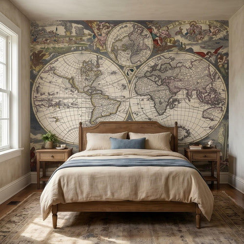 Antique world map wall mural showing two large continents and decorative compass-style circles