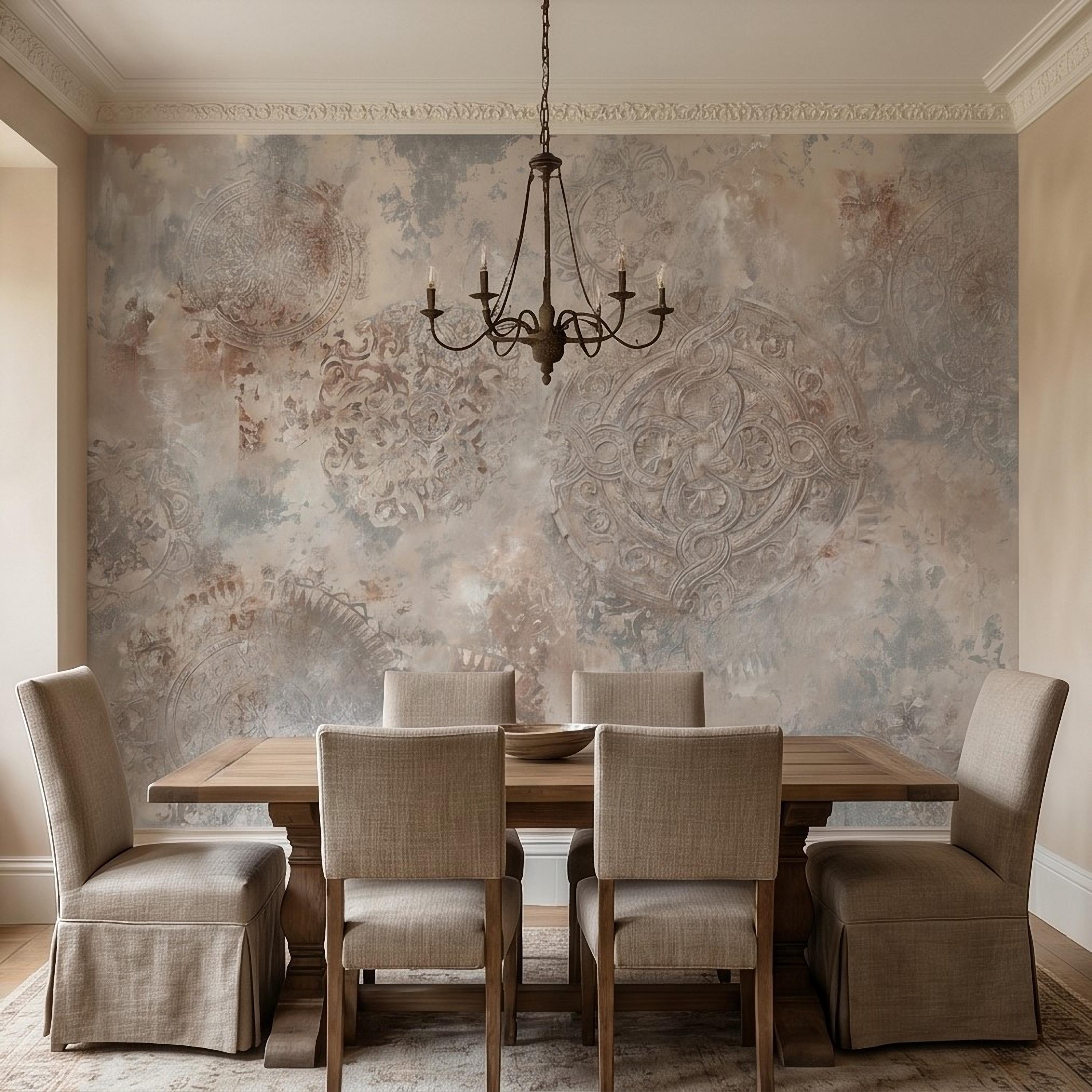Vintage Medallion Peel and Stick Wall Mural, Neutral Ornamental Plaster Texture, Distressed Boho Baroque Pattern Wallpaper