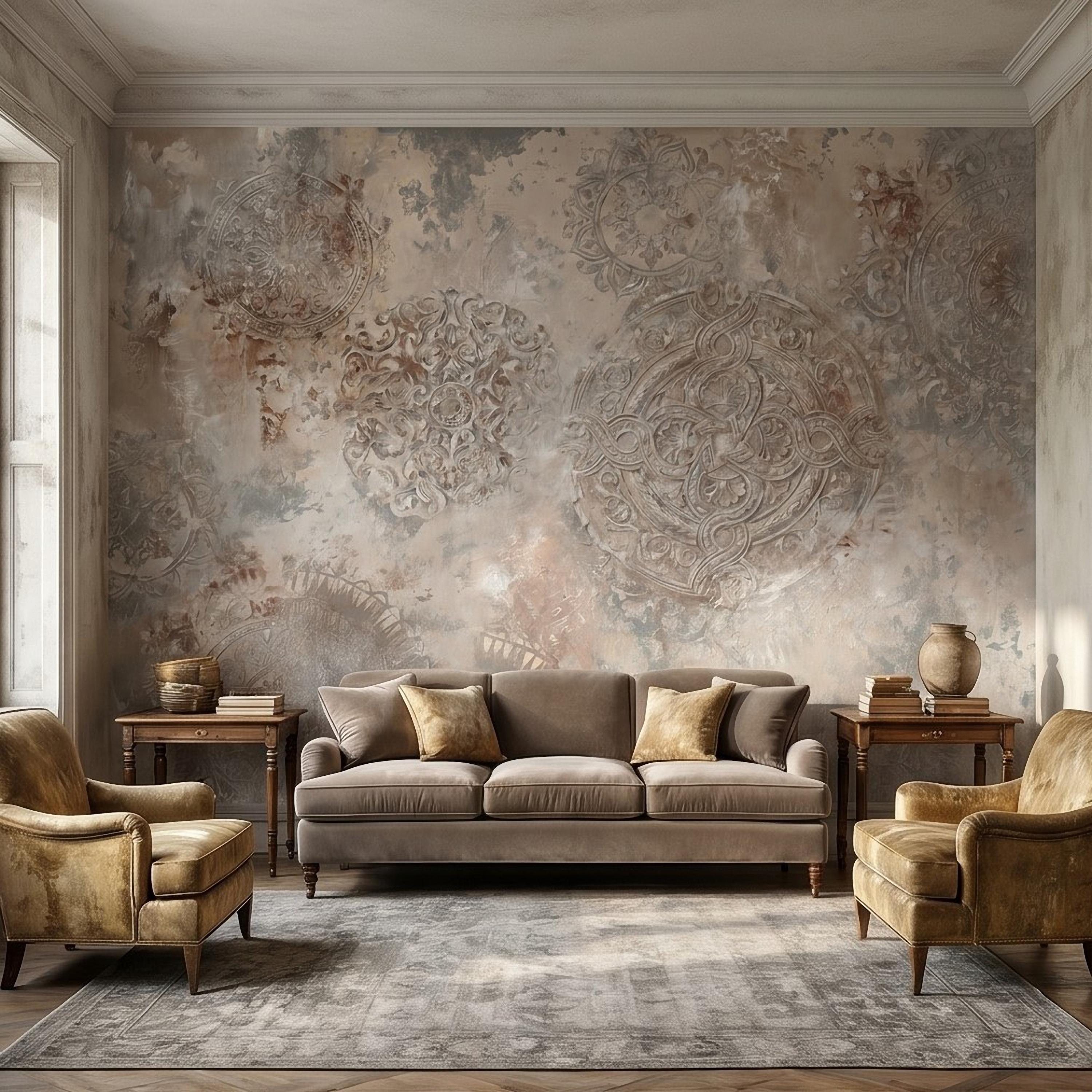 Vintage Medallion Peel and Stick Wall Mural, Neutral Ornamental Plaster Texture, Distressed Boho Baroque Pattern Wallpaper