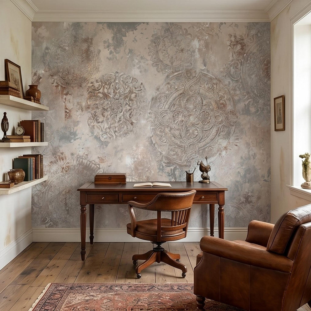 Vintage Medallion Peel and Stick Wall Mural, Neutral Ornamental Plaster Texture, Distressed Boho Baroque Pattern Wallpaper