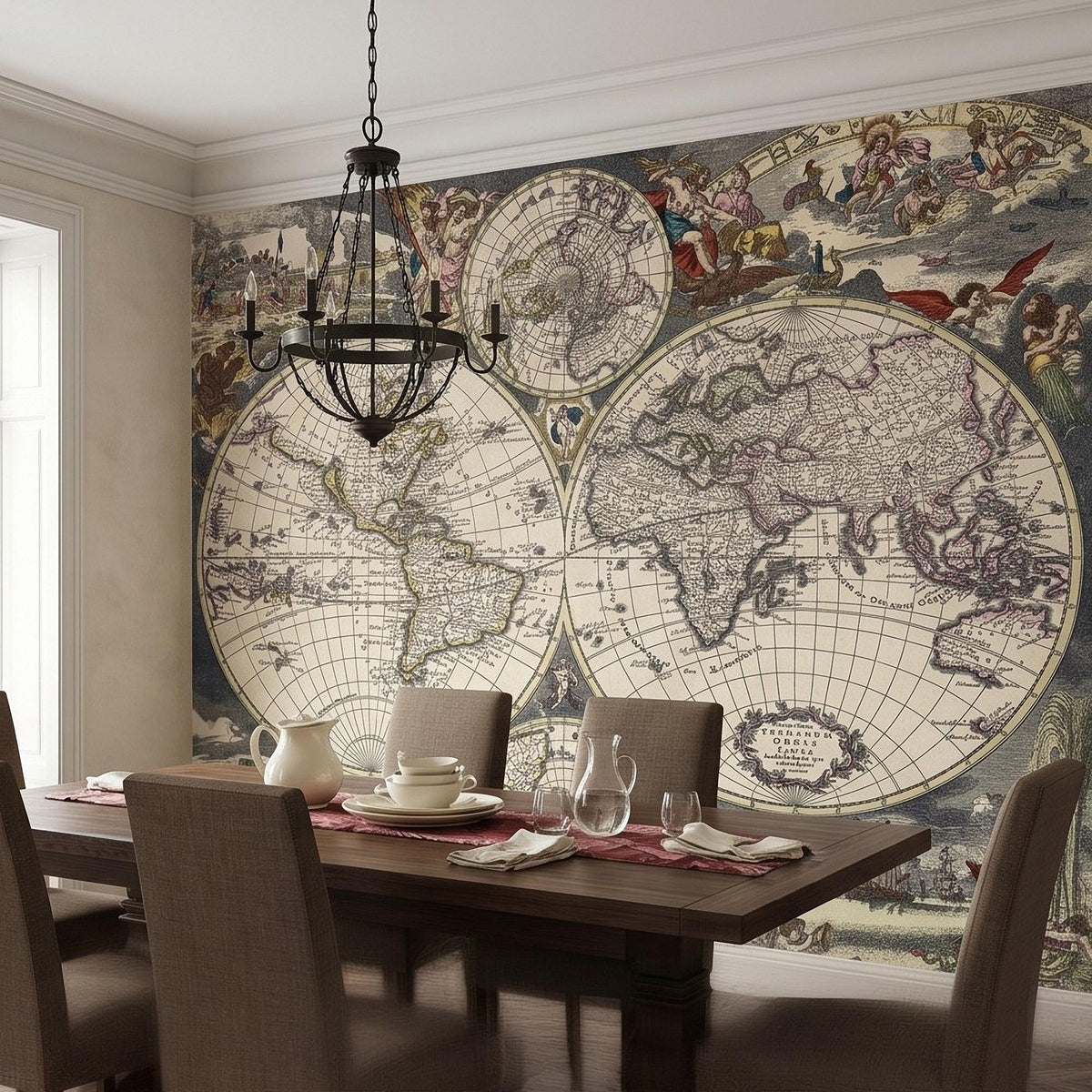 Antique world map wall mural with overlapping circular maps and rich decorative scene border