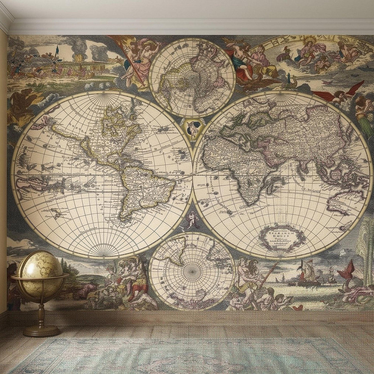 Antique world map wall mural close-up of circular map panels and illustrated sea figures