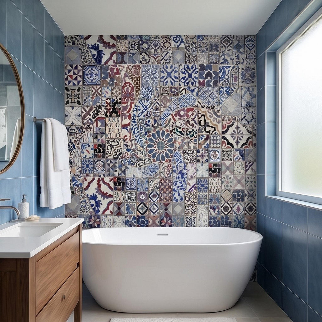 Portuguese Tiles Peel and Stick Wall Mural, Blue Azulejo Patchwork Pattern, Mediterranean Spanish Mosaic Wallpaper