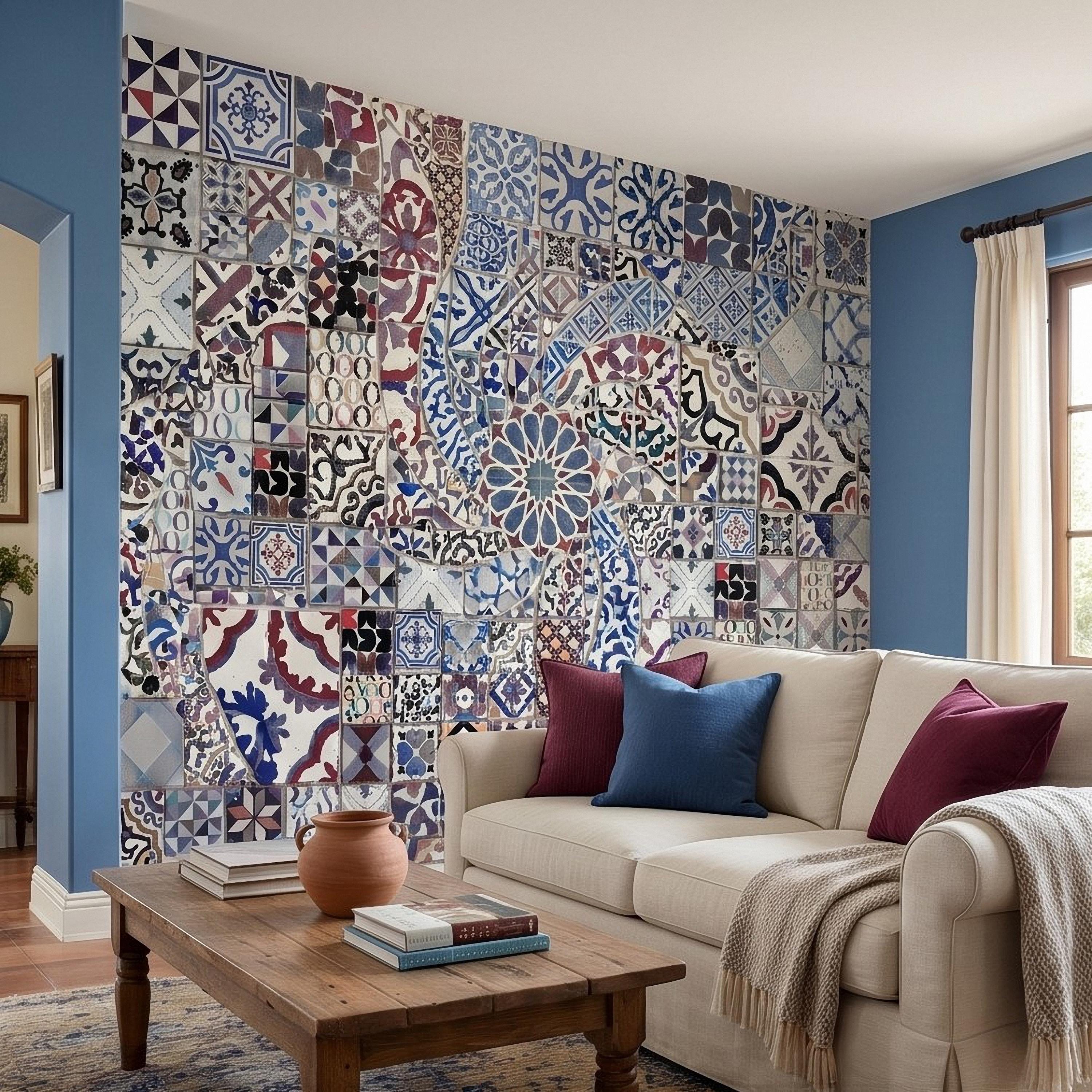 Portuguese Tiles Peel and Stick Wall Mural, Blue Azulejo Patchwork Pattern, Mediterranean Spanish Mosaic Wallpaper