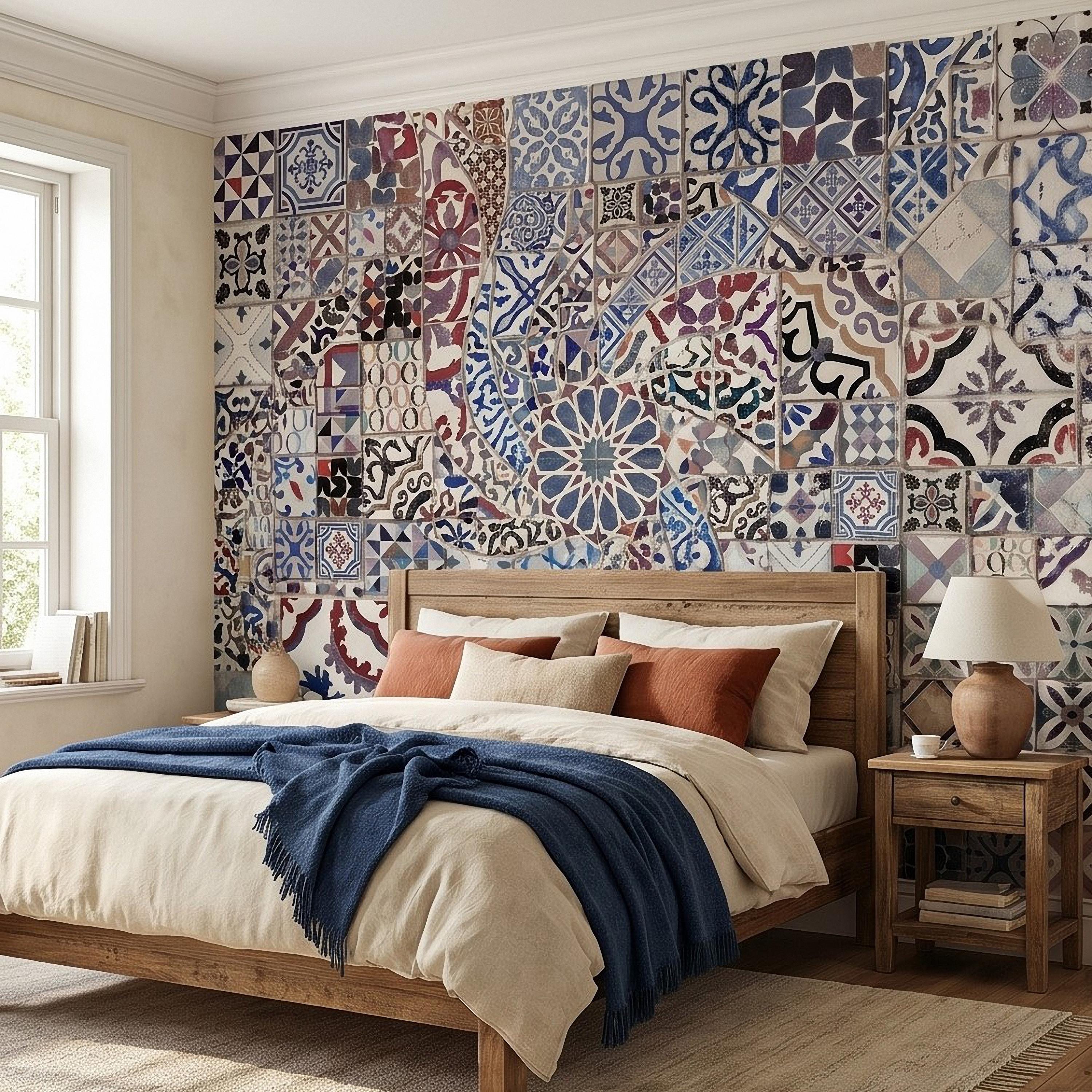 Portuguese Tiles Peel and Stick Wall Mural, Blue Azulejo Patchwork Pattern, Mediterranean Spanish Mosaic Wallpaper