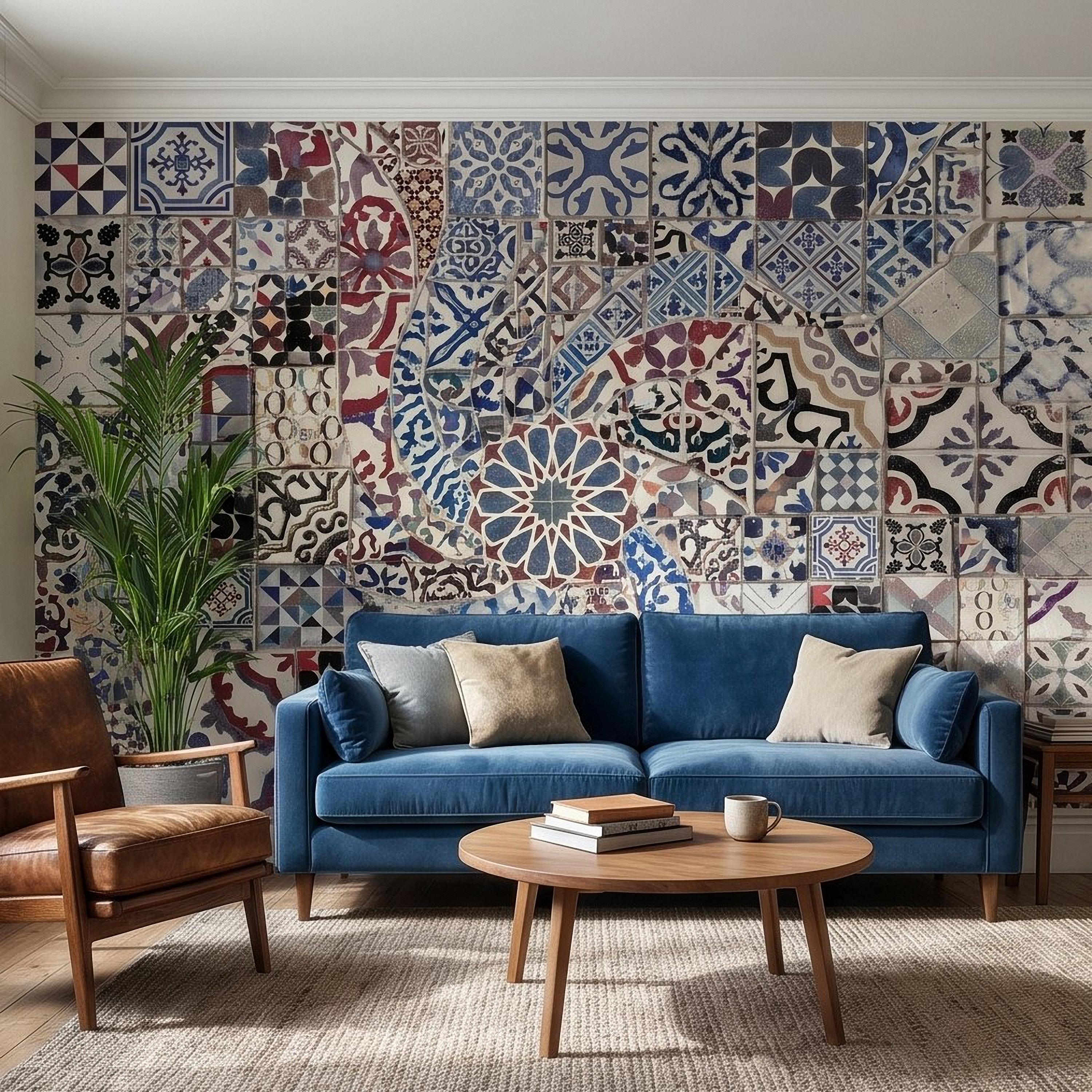 Portuguese Tiles Peel and Stick Wall Mural, Blue Azulejo Patchwork Pattern, Mediterranean Spanish Mosaic Wallpaper