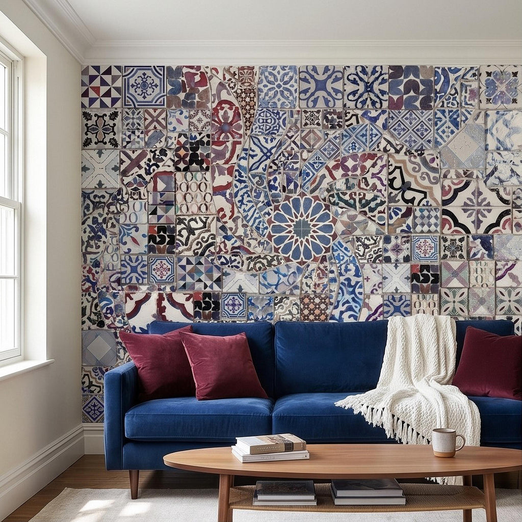 Portuguese Tiles Peel and Stick Wall Mural, Blue Azulejo Patchwork Pattern, Mediterranean Spanish Mosaic Wallpaper