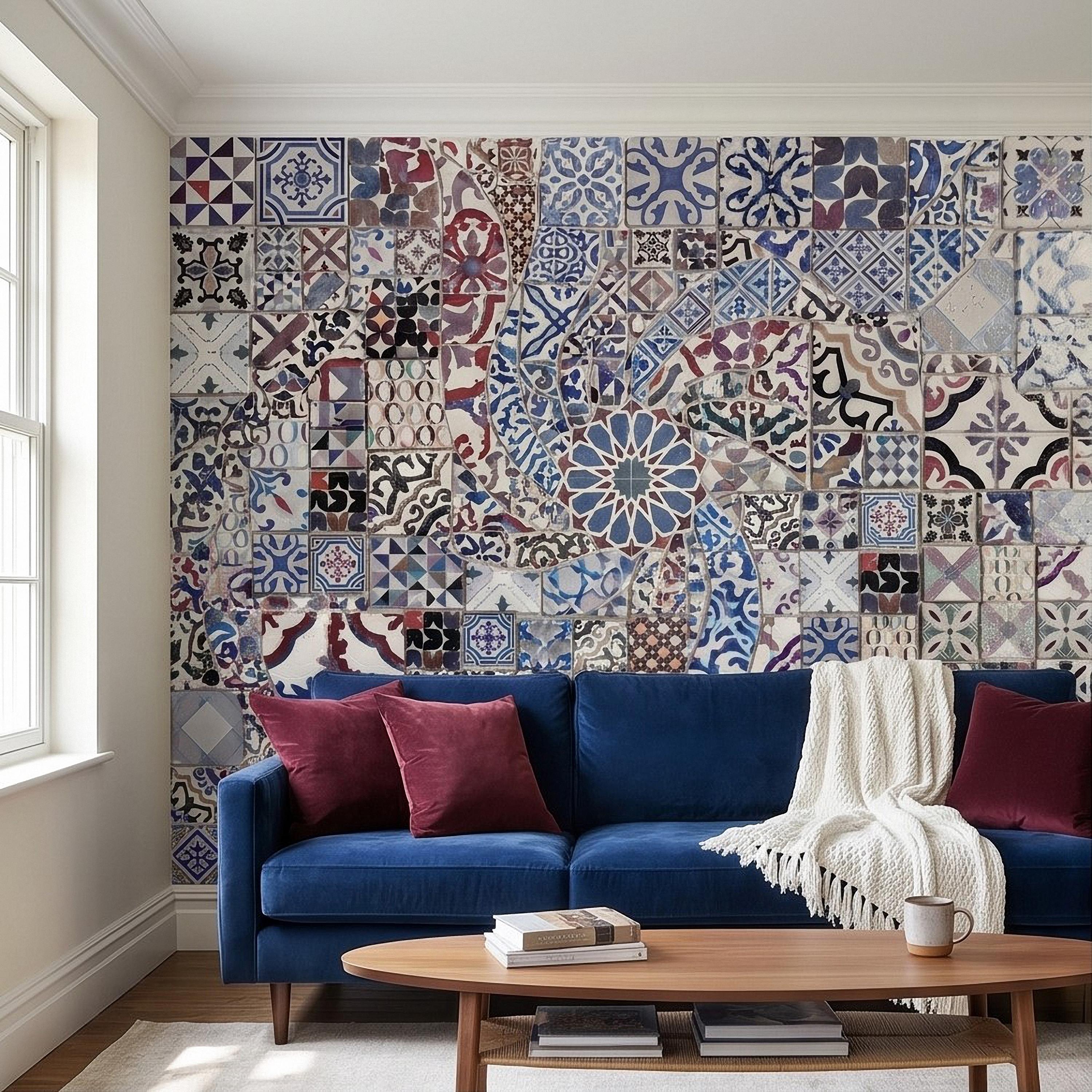 Portuguese Tiles Peel and Stick Wall Mural, Blue Azulejo Patchwork Pattern, Mediterranean Spanish Mosaic Wallpaper