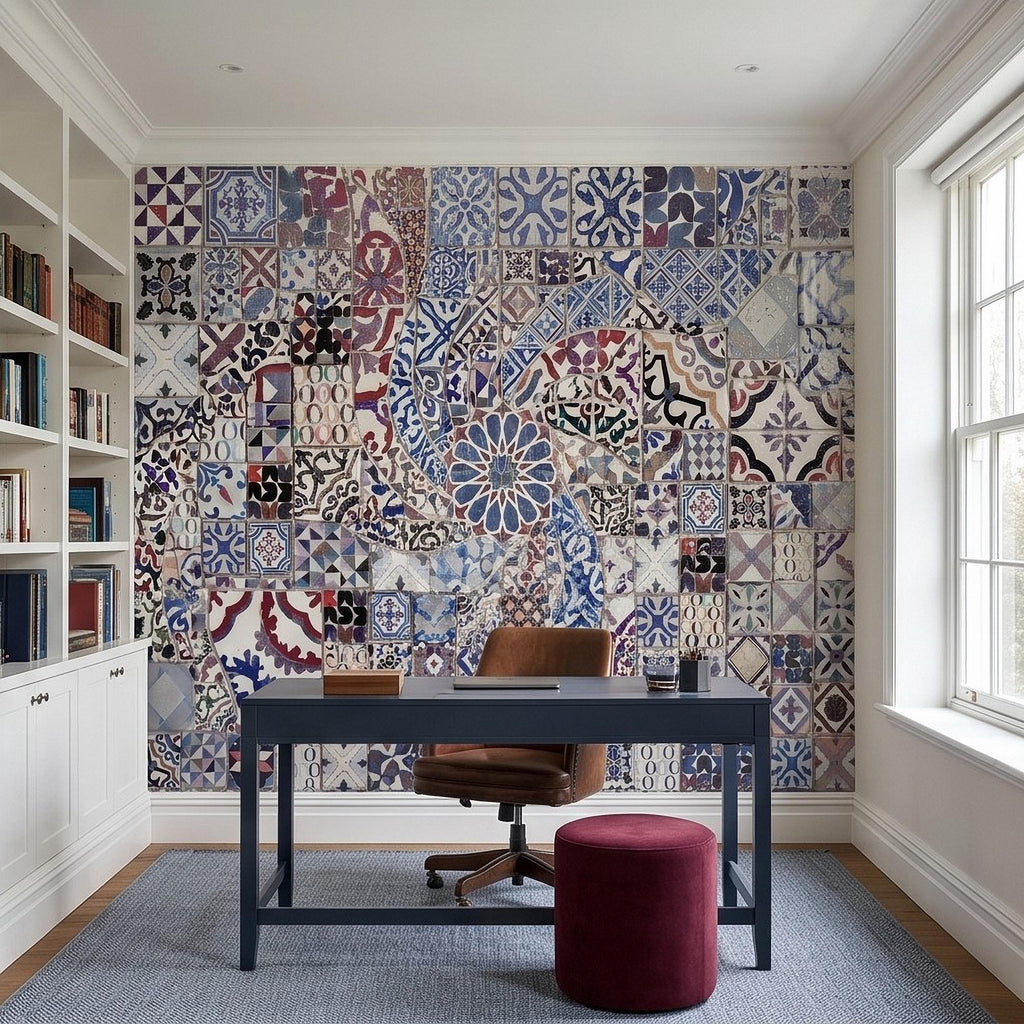 Portuguese Tiles Peel and Stick Wall Mural, Blue Azulejo Patchwork Pattern, Mediterranean Spanish Mosaic Wallpaper
