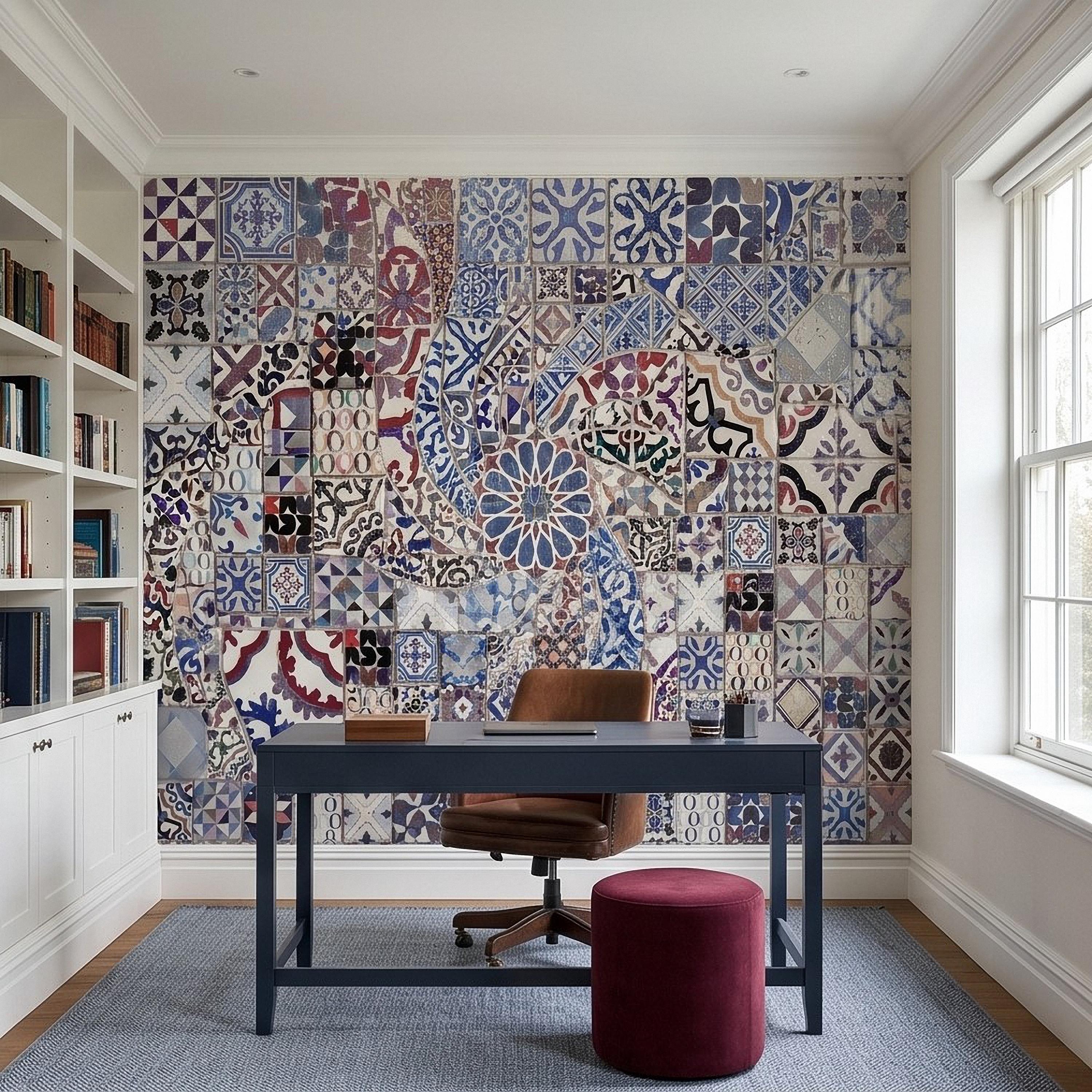 Portuguese Tiles Peel and Stick Wall Mural, Blue Azulejo Patchwork Pattern, Mediterranean Spanish Mosaic Wallpaper