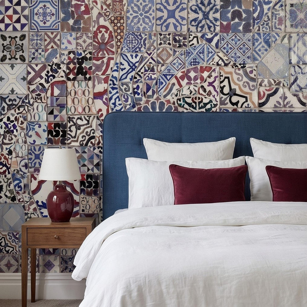 Portuguese Tiles Peel and Stick Wall Mural, Blue Azulejo Patchwork Pattern, Mediterranean Spanish Mosaic Wallpaper