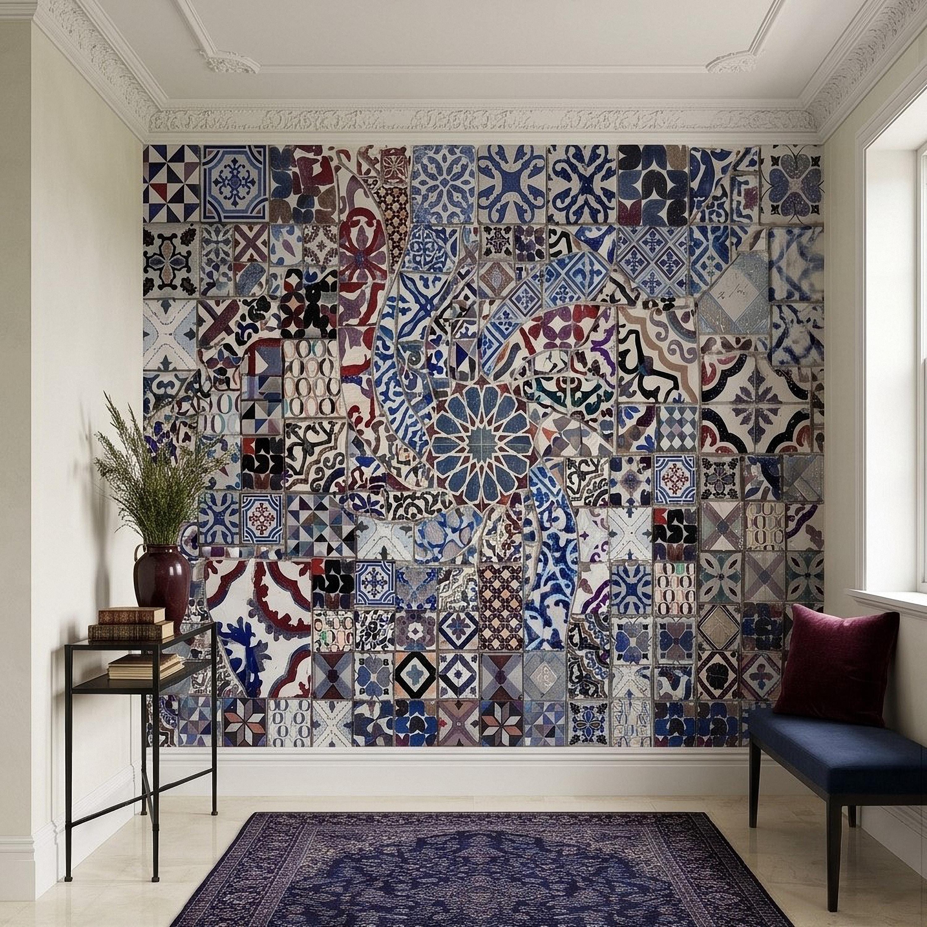 Portuguese Tiles Peel and Stick Wall Mural, Blue Azulejo Patchwork Pattern, Mediterranean Spanish Mosaic Wallpaper