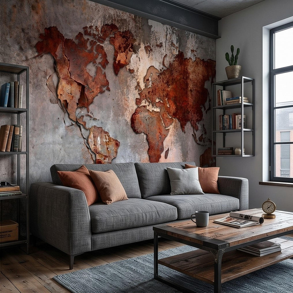 Industrial World Map Peel and Stick Wall Mural, Rustic Rusted Metal Texture, Vintage Travel Map Wallpaper