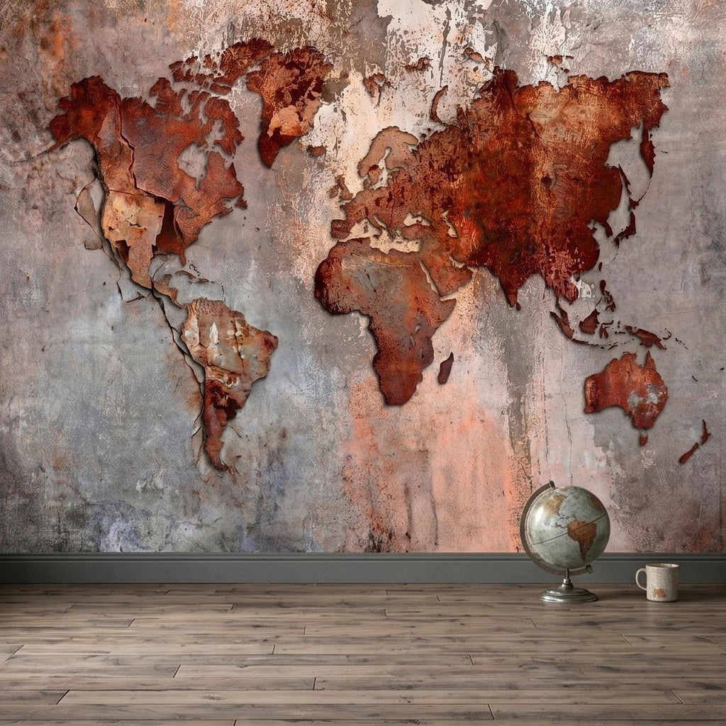 Industrial World Map Peel and Stick Wall Mural, Rustic Rusted Metal Texture, Vintage Travel Map Wallpaper
