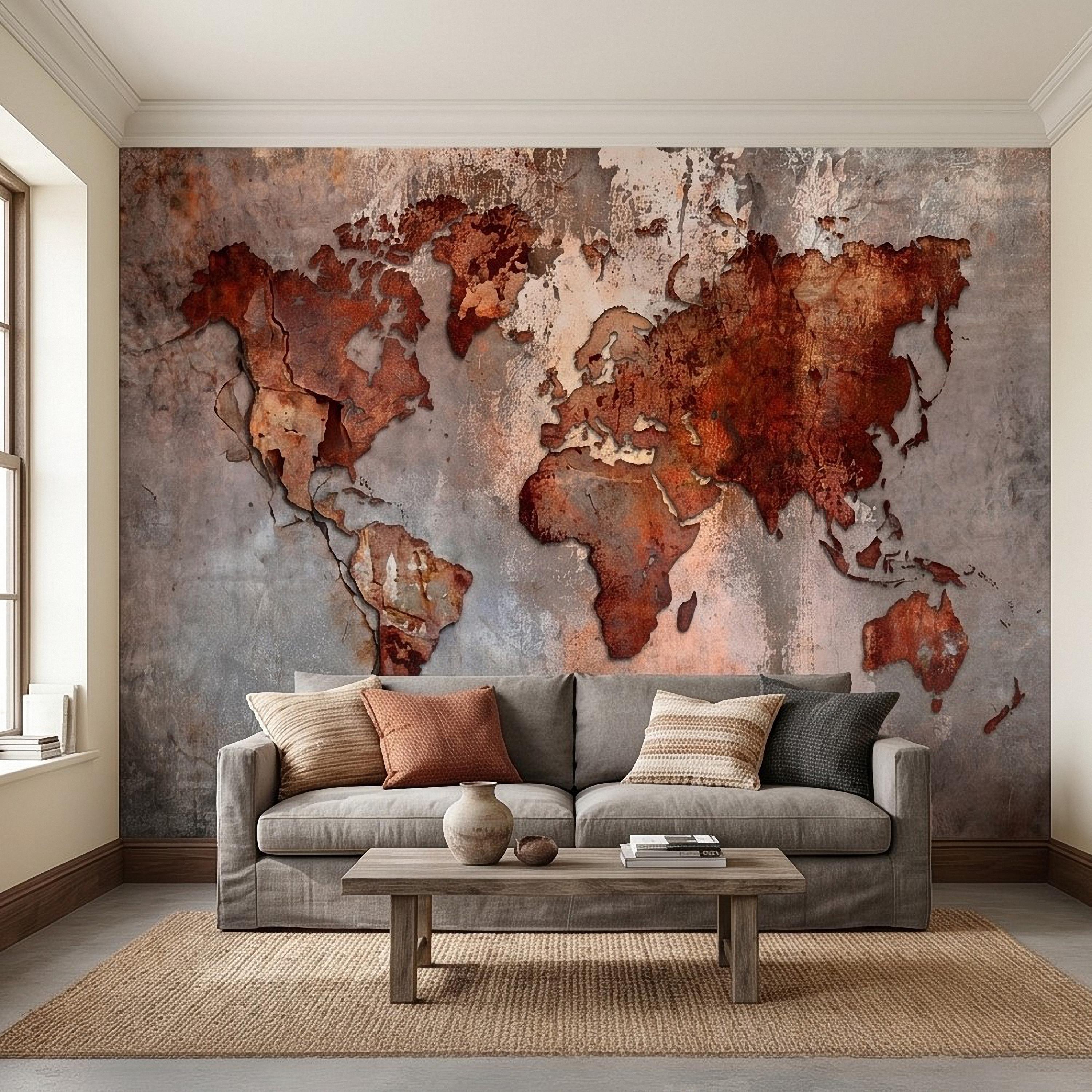 Industrial World Map Peel and Stick Wall Mural, Rustic Rusted Metal Texture, Vintage Travel Map Wallpaper