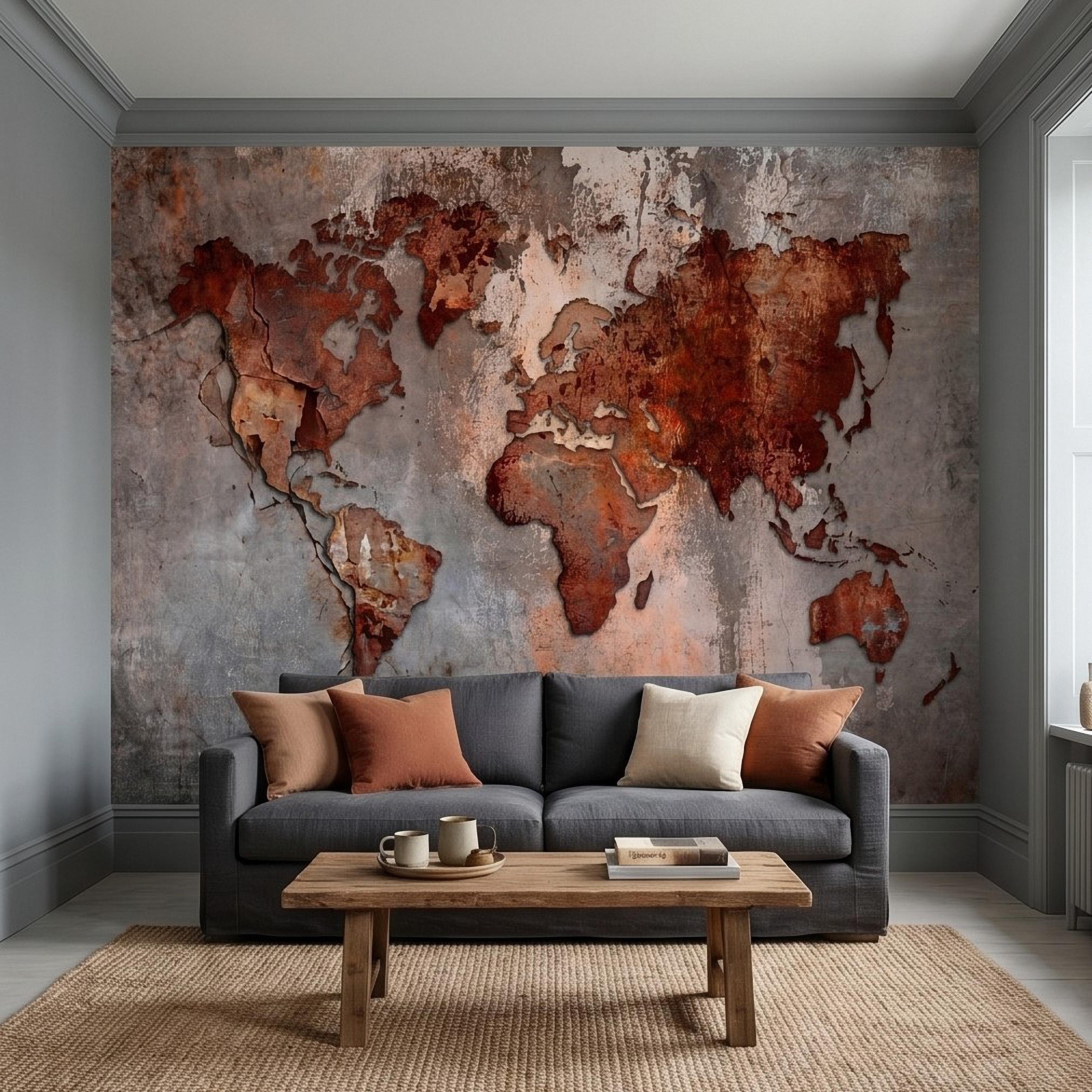 Industrial World Map Peel and Stick Wall Mural, Rustic Rusted Metal Texture, Vintage Travel Map Wallpaper