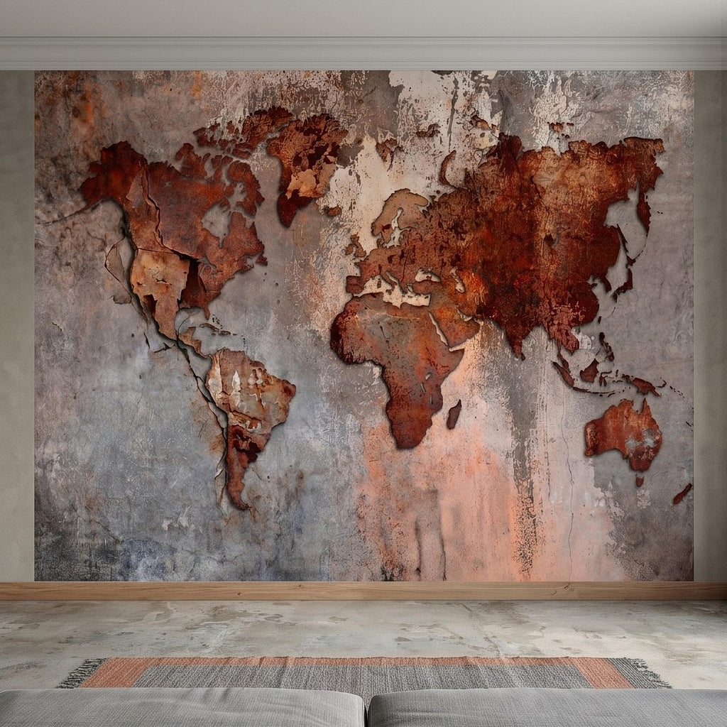 Industrial World Map Peel and Stick Wall Mural, Rustic Rusted Metal Texture, Vintage Travel Map Wallpaper