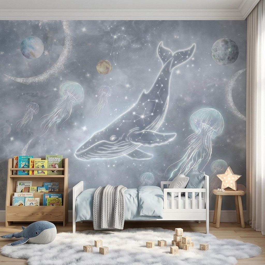 Celestial Whale Peel and Stick Wall Mural, Constellation Galaxy with Moon Phases, Dreamy Space Nursery Wallpaper