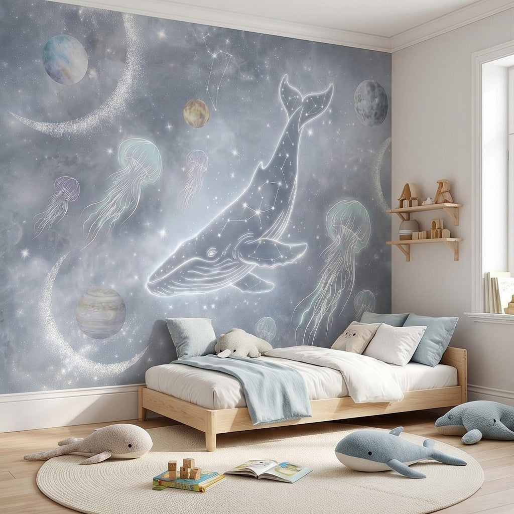 Celestial Whale Peel and Stick Wall Mural, Constellation Galaxy with Moon Phases, Dreamy Space Nursery Wallpaper