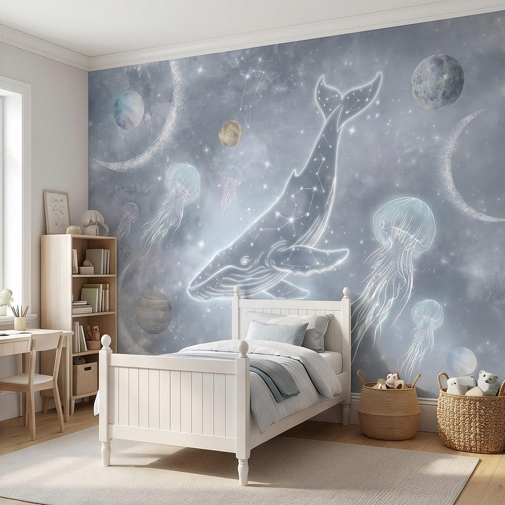 Celestial Whale Peel and Stick Wall Mural, Constellation Galaxy with Moon Phases, Dreamy Space Nursery Wallpaper