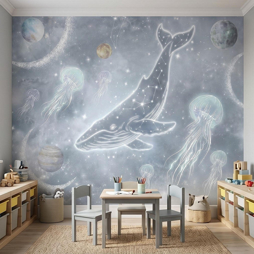 Celestial Whale Peel and Stick Wall Mural, Constellation Galaxy with Moon Phases, Dreamy Space Nursery Wallpaper