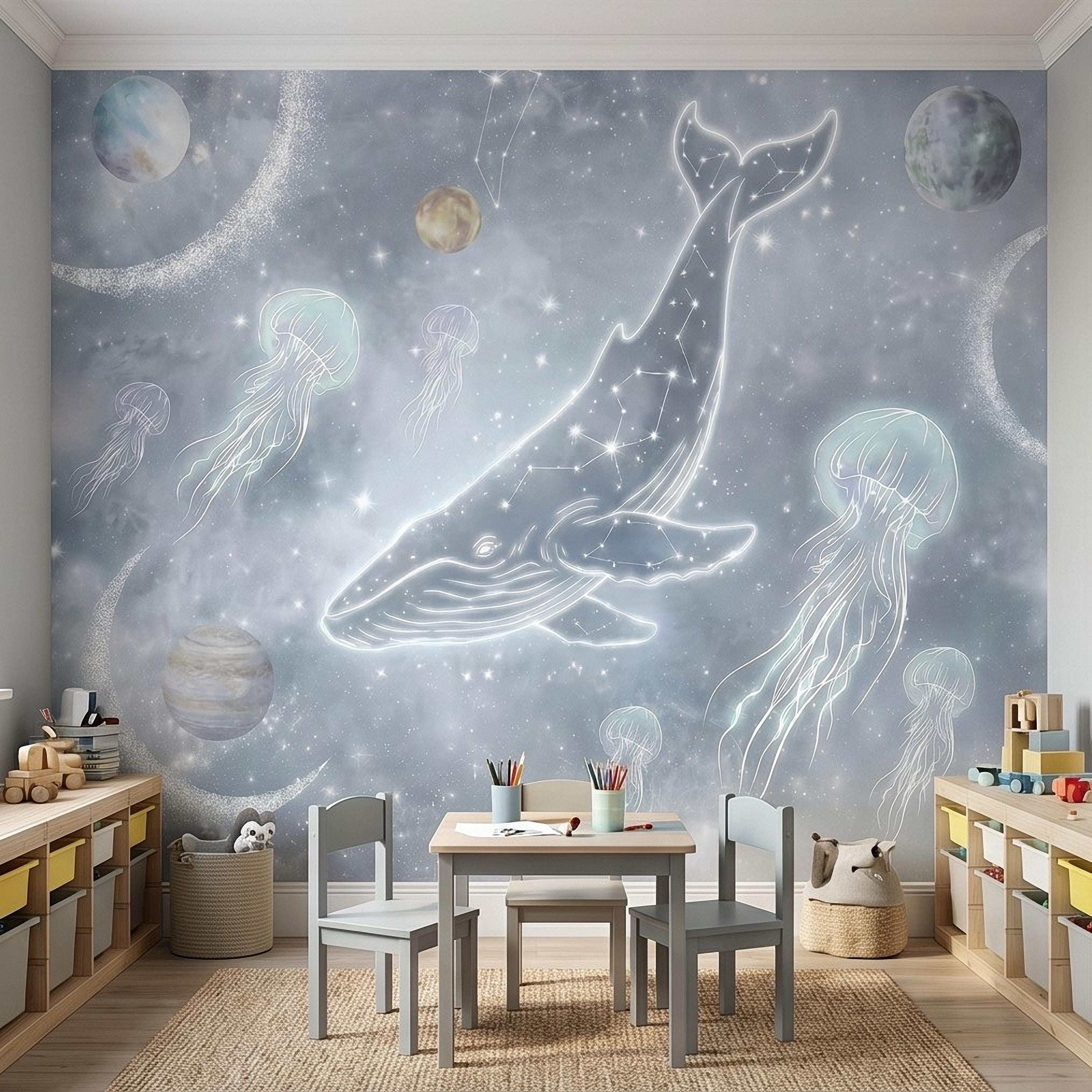 Celestial Whale Peel and Stick Wall Mural, Constellation Galaxy with Moon Phases, Dreamy Space Nursery Wallpaper