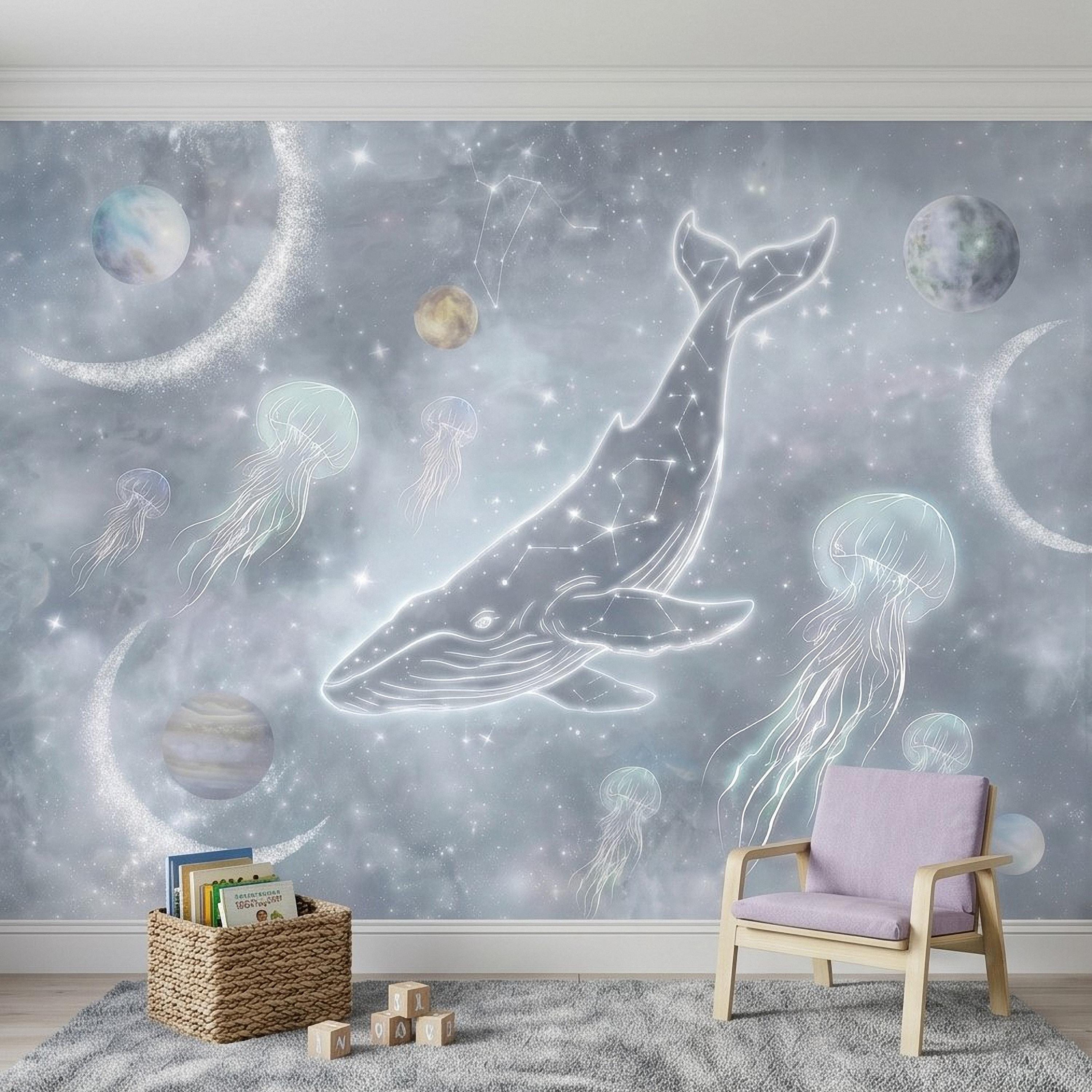 Celestial Whale Peel and Stick Wall Mural, Constellation Galaxy with Moon Phases, Dreamy Space Nursery Wallpaper