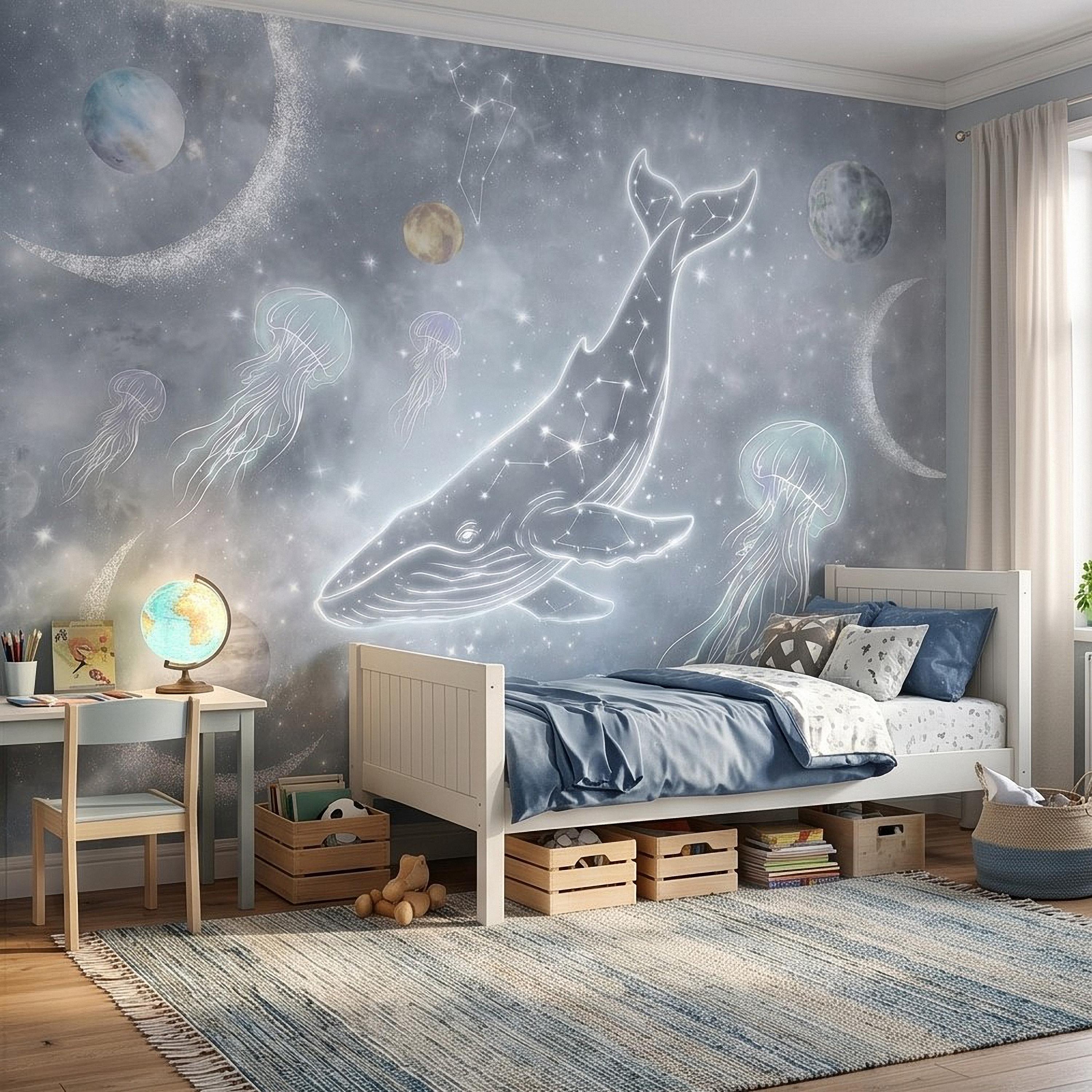Celestial Whale Peel and Stick Wall Mural, Constellation Galaxy with Moon Phases, Dreamy Space Nursery Wallpaper