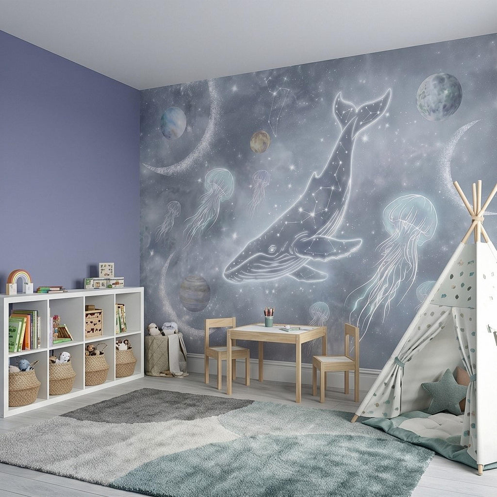 Celestial Whale Peel and Stick Wall Mural, Constellation Galaxy with Moon Phases, Dreamy Space Nursery Wallpaper
