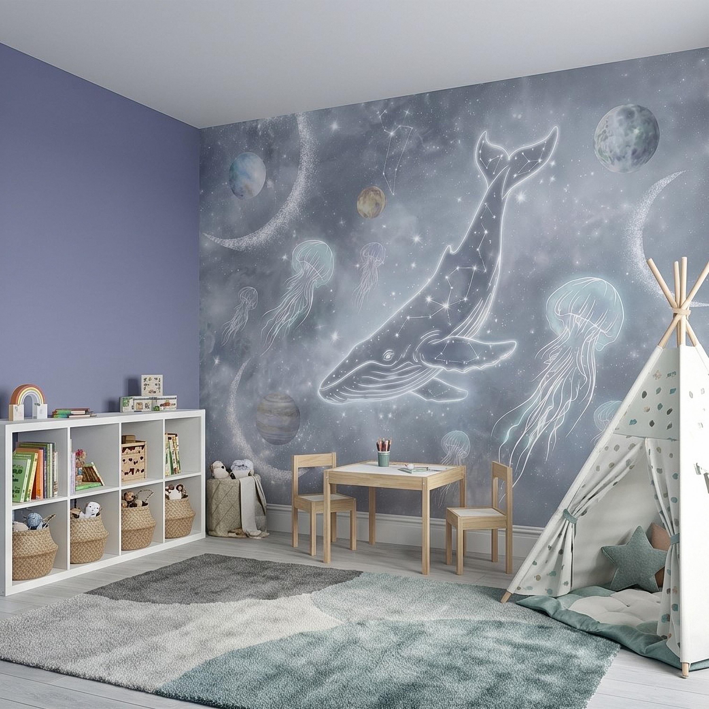 Celestial Whale Peel and Stick Wall Mural, Constellation Galaxy with Moon Phases, Dreamy Space Nursery Wallpaper
