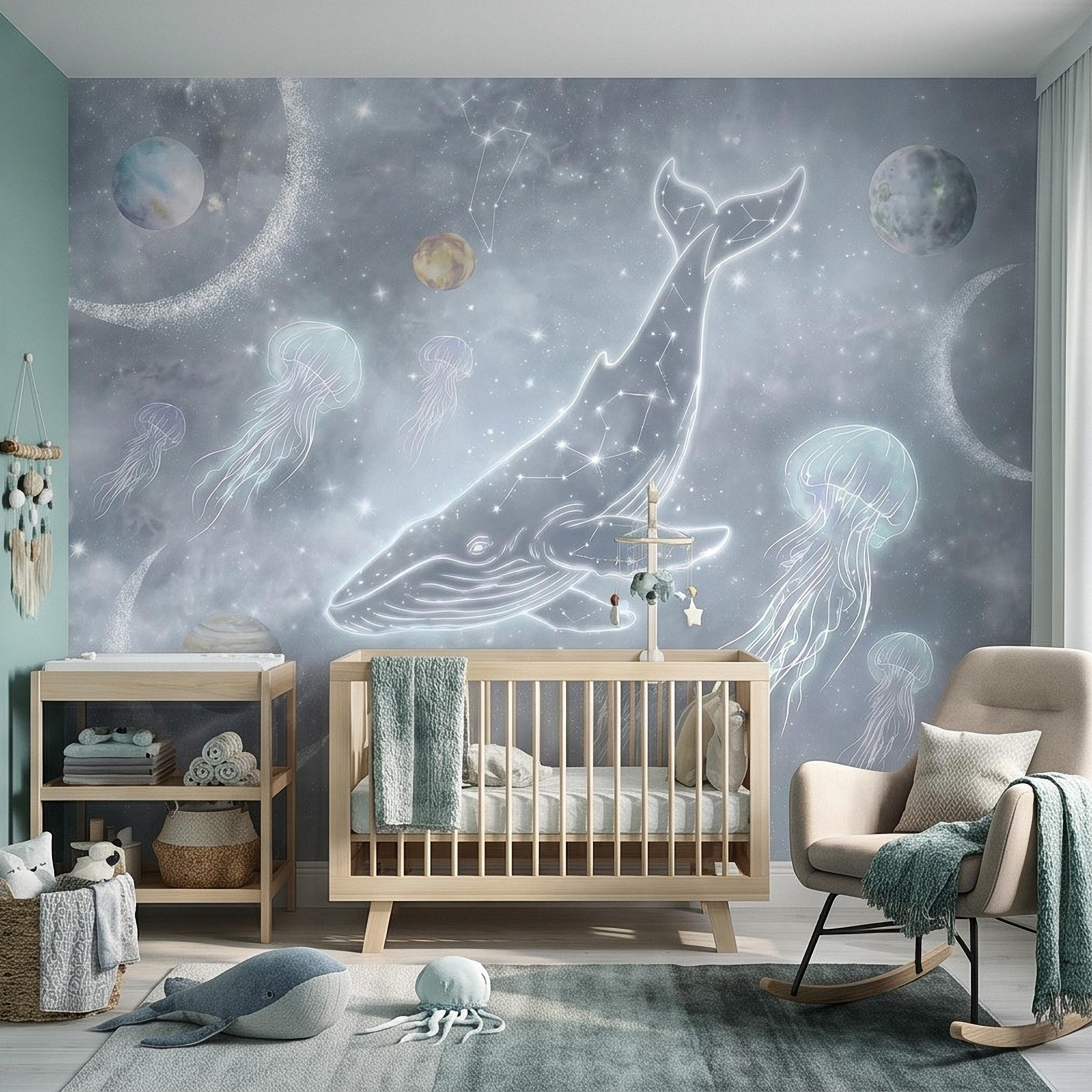 Celestial Whale Peel and Stick Wall Mural, Constellation Galaxy with Moon Phases, Dreamy Space Nursery Wallpaper