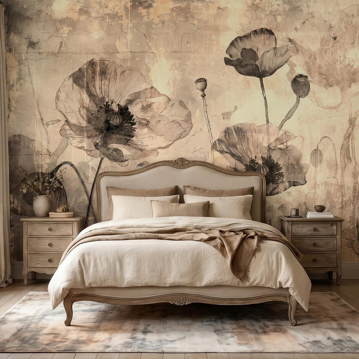 Sepia watercolor poppy wall mural with large blossoms and scattered buds