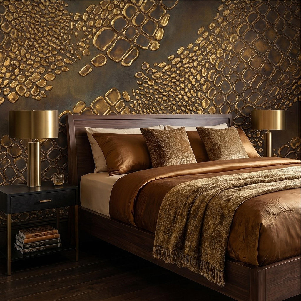 Gold Croc Abstract Peel and Stick Wall Mural, Luxury Textured Pattern, Modern Glam Crocodile Scale Wallpaper