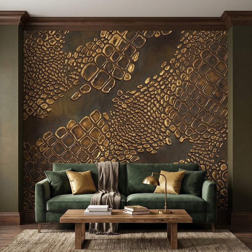 Gold Croc Abstract Peel and Stick Wall Mural, Luxury Textured Pattern, Modern Glam Crocodile Scale Wallpaper
