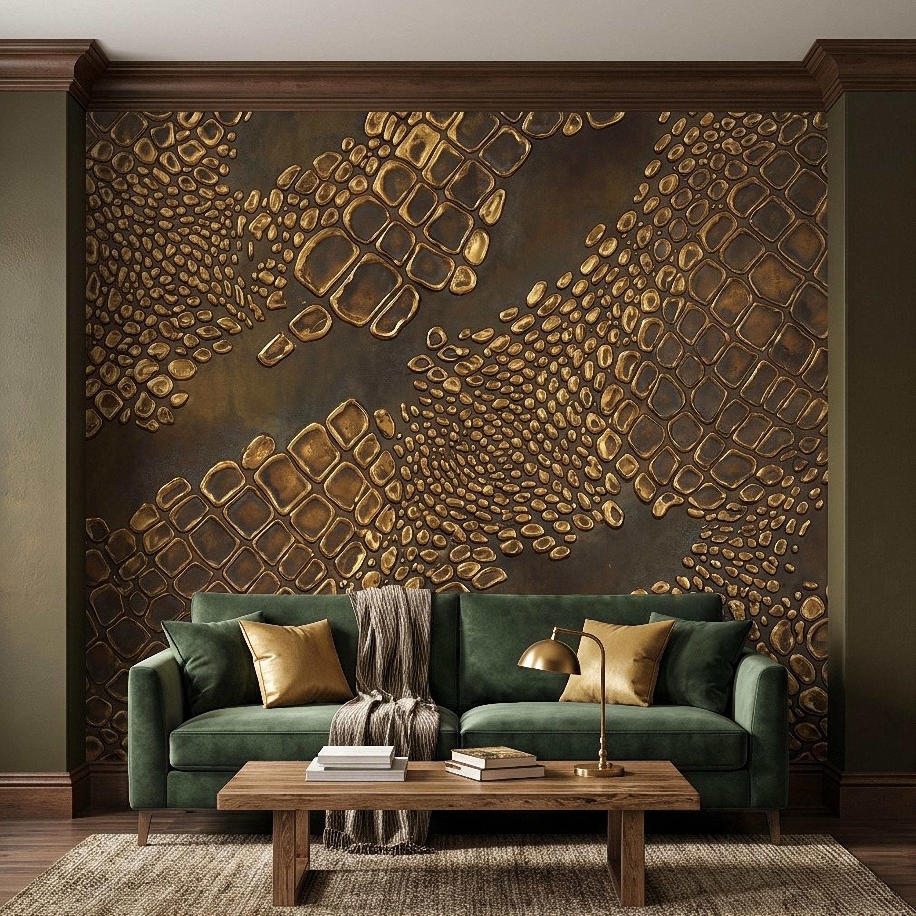 Gold Croc Abstract Peel and Stick Wall Mural, Luxury Textured Pattern, Modern Glam Crocodile Scale Wallpaper