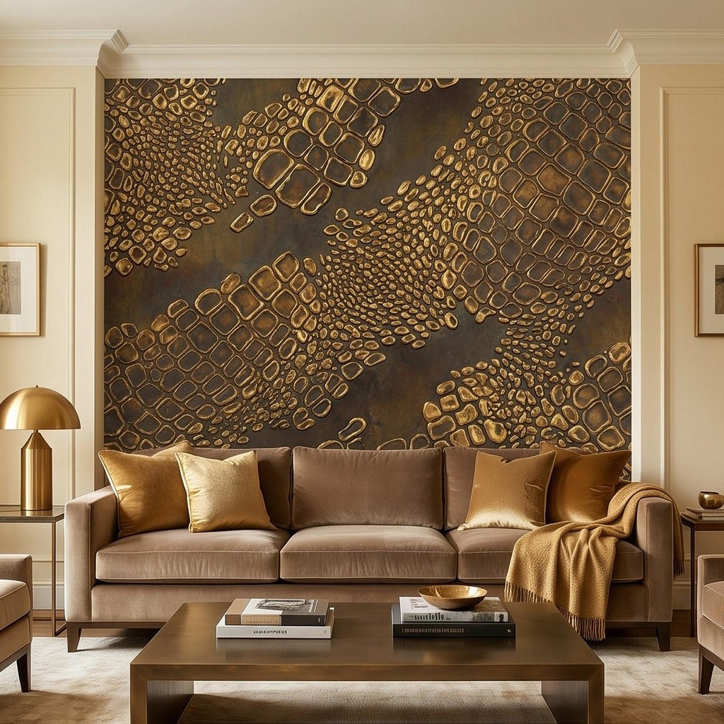 Gold Croc Abstract Peel and Stick Wall Mural, Luxury Textured Pattern, Modern Glam Crocodile Scale Wallpaper