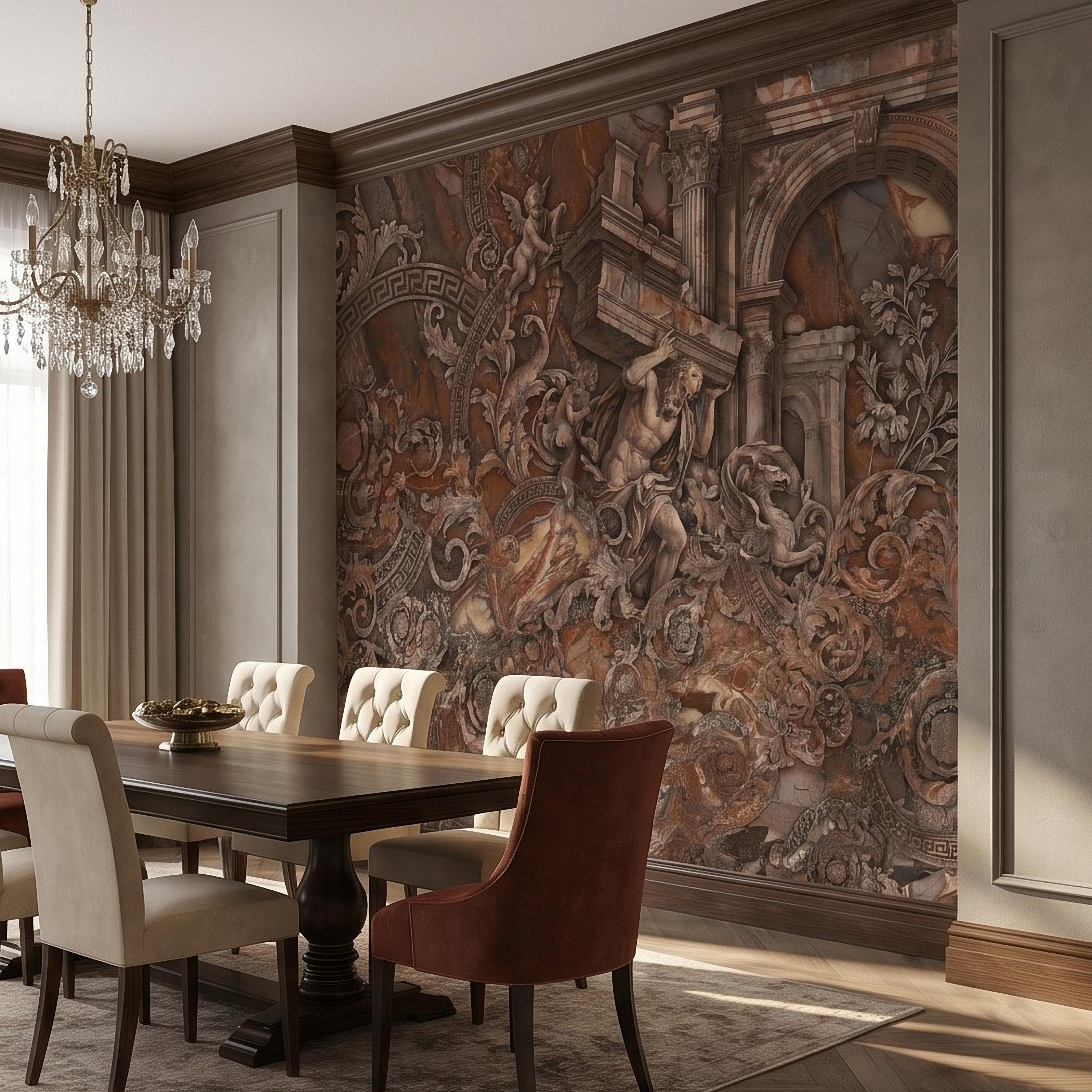 Baroque Marble Peel and Stick Wall Mural, Renaissance Mythology Sculpture, Antique Roman Architecture Wallpaper