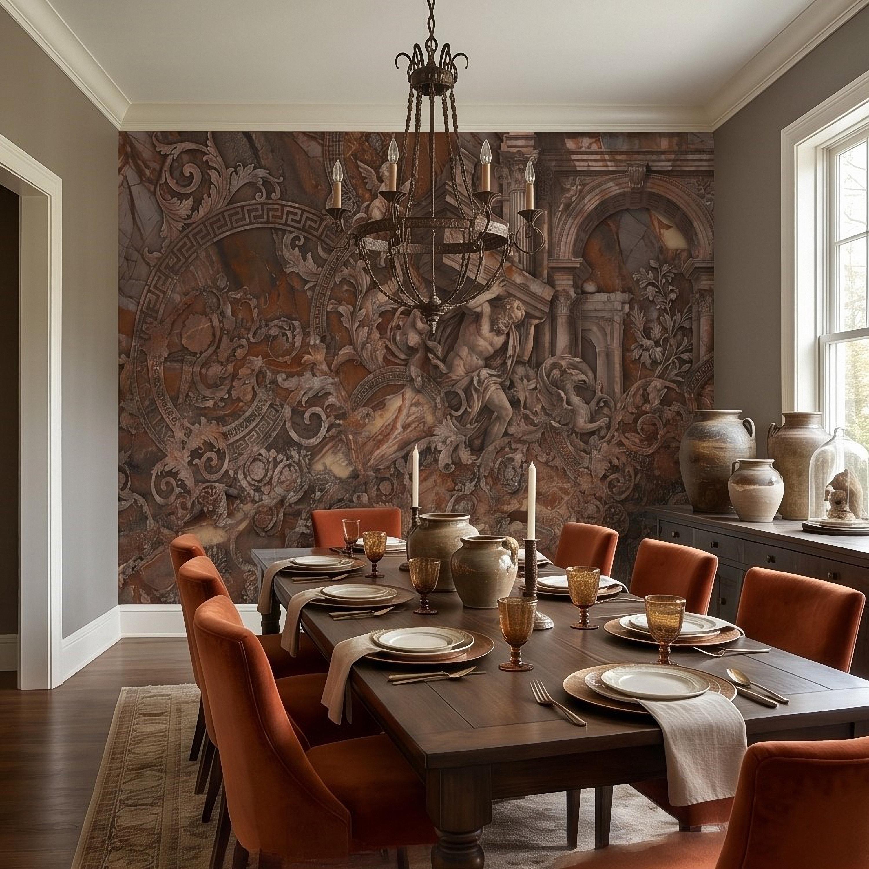 Baroque Marble Peel and Stick Wall Mural, Renaissance Mythology Sculpture, Antique Roman Architecture Wallpaper