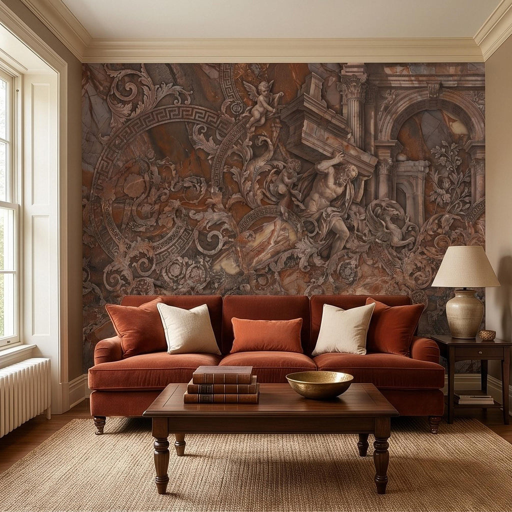 Baroque Marble Peel and Stick Wall Mural, Renaissance Mythology Sculpture, Antique Roman Architecture Wallpaper