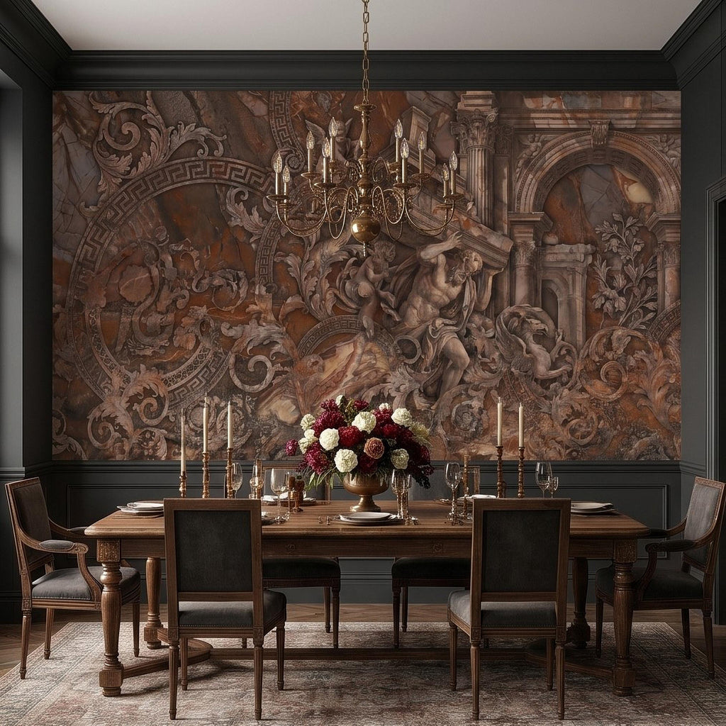 Baroque Marble Peel and Stick Wall Mural, Renaissance Mythology Sculpture, Antique Roman Architecture Wallpaper