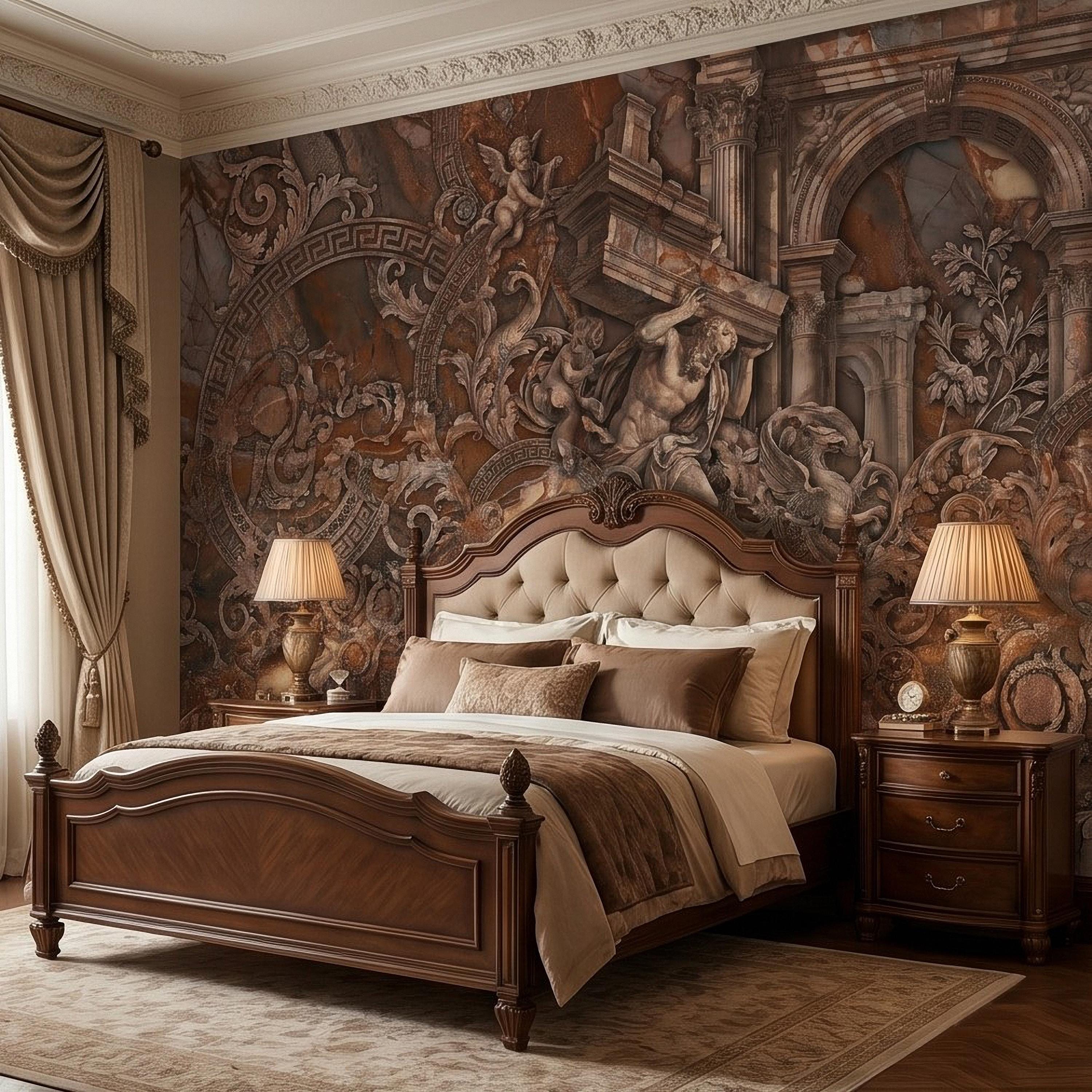 Baroque Marble Peel and Stick Wall Mural, Renaissance Mythology Sculpture, Antique Roman Architecture Wallpaper