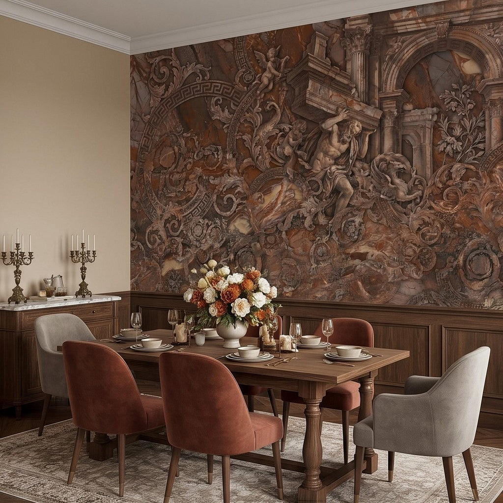 Baroque Marble Peel and Stick Wall Mural, Renaissance Mythology Sculpture, Antique Roman Architecture Wallpaper