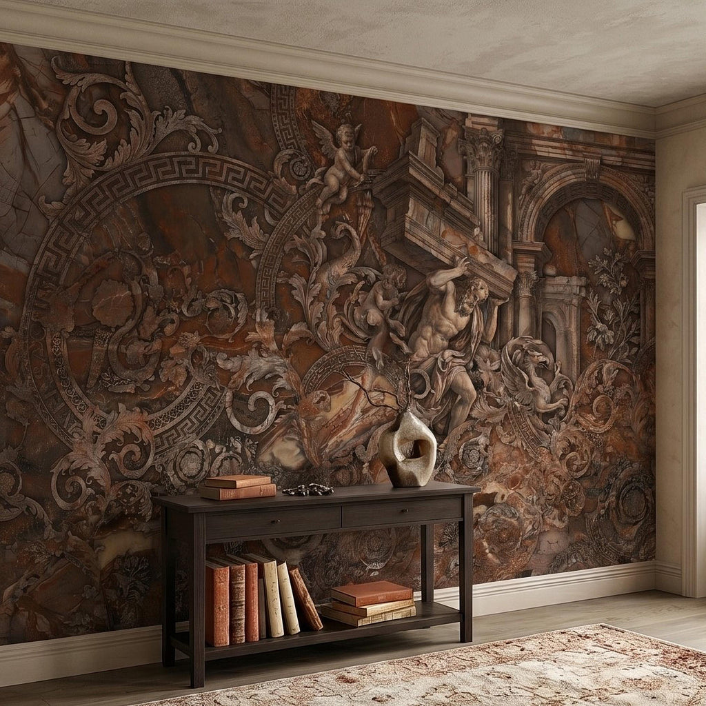 Baroque Marble Peel and Stick Wall Mural, Renaissance Mythology Sculpture, Antique Roman Architecture Wallpaper