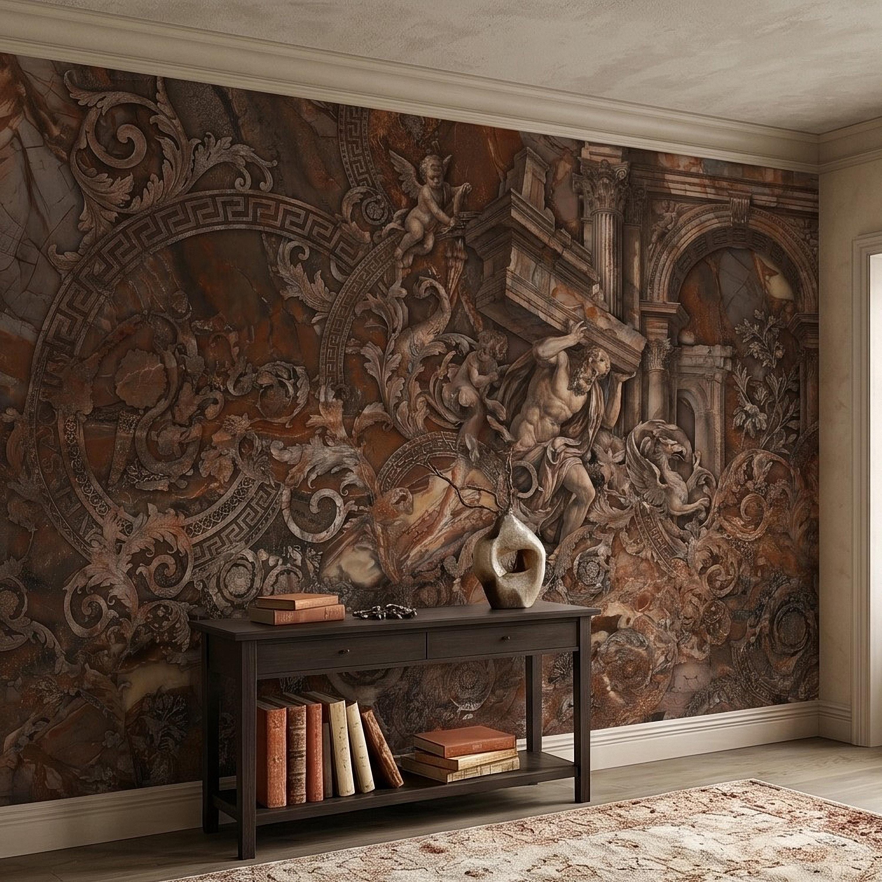 Baroque Marble Peel and Stick Wall Mural, Renaissance Mythology Sculpture, Antique Roman Architecture Wallpaper