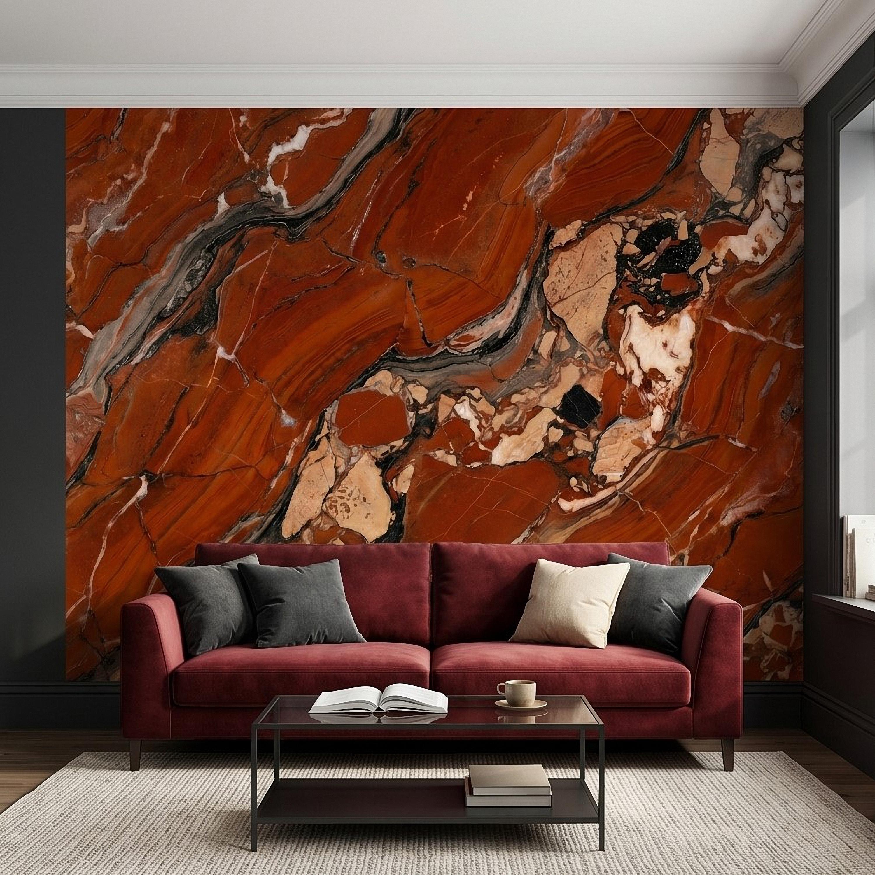 Red Marble Peel and Stick Wall Mural, Breccia Stone Texture, Luxury Natural Onyx Look Modern Wallpaper