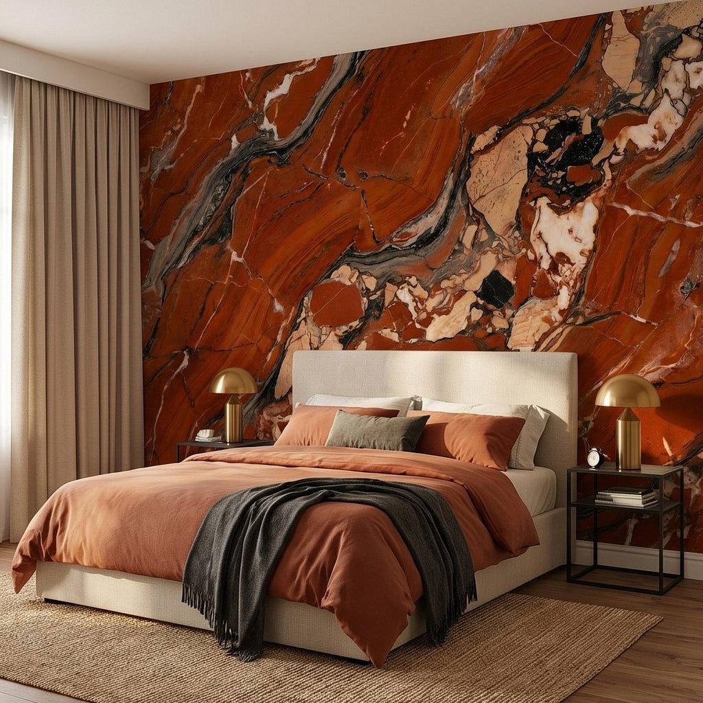 Red Marble Peel and Stick Wall Mural, Breccia Stone Texture, Luxury Natural Onyx Look Modern Wallpaper
