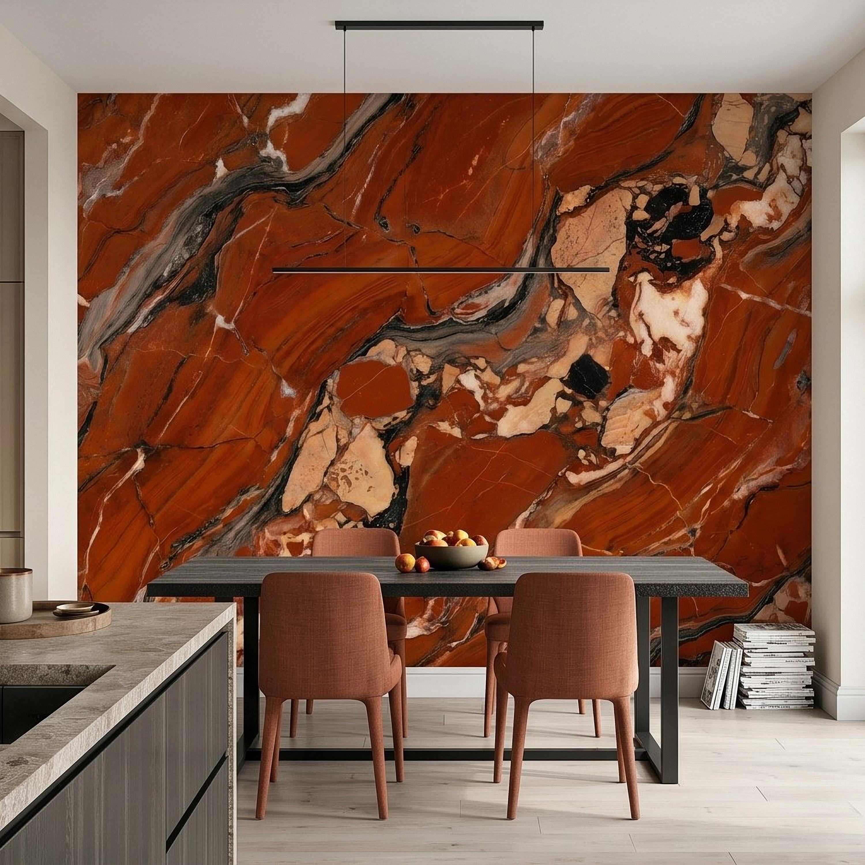Red Marble Peel and Stick Wall Mural, Breccia Stone Texture, Luxury Natural Onyx Look Modern Wallpaper